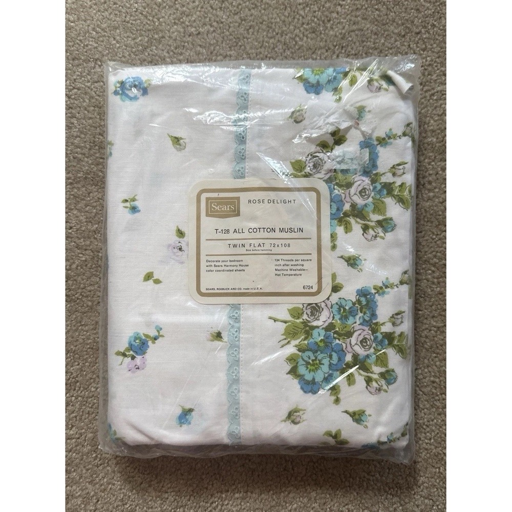 NEW Vtg  SEARS "Rose Delight"  Floral Print Twin Flat Sheet 72x108 Cotton Muslin